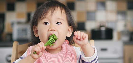 Solid food- infant eating broccoli