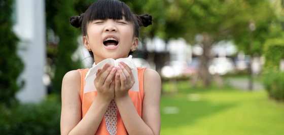 Girl sneezing into tissue