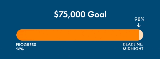 $75,000 Goal. Progress: 98%. Deadline: Midnight.